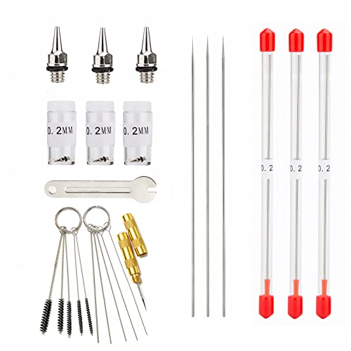 Uouteo 3PCS 0.2mm Airbrush Nozzles and Needles Replacement Parts with 11 in 1 Airbrush Cleaning Repair Tool for Airbrush Gun