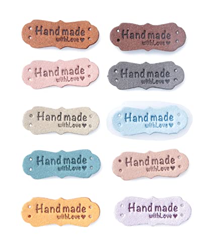 20 Pcs Handmade with Love Leather Labels with Hole 4.2 X 1.5 cm Small Multi Color Microfiber Embossed Crochet Tags for Art Crafting Knitting Sewing Hats Purses Clothing