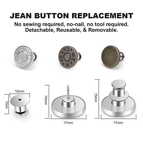 12 Sets Button Pins for Jeans Pants, Adjustable Reusable Jean Buttons Pins Instant Reduce Loose Jeans, No Sew and No Tools Metal Pants Button Replacement, Clips Jean Button Tightener