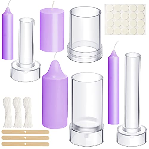 4 Pieces Cylinder Candle Moulds Taper Candle Moulds Pillar Candle Casting Moulds Plastic Candle Making Moulds with 3 Candle Wicks 3 Wooden Candle Wick Holders 20 Candle Wick Stickers, 4 Sizes