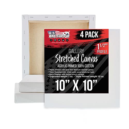 U.S. Art Supply 10 x 10 inch Gallery Depth 1-1/2" Profile Stretched Canvas, 4-Pack - 12-Ounce Acrylic Gesso Triple Primed, - Professional Artist Quality, 100% Cotton - Acrylic Pouring, Oil Painting