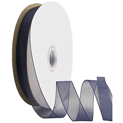 Kailin 3/8 inch Wide Shimmer Sheer Organza Ribbon 50 Yards Navy