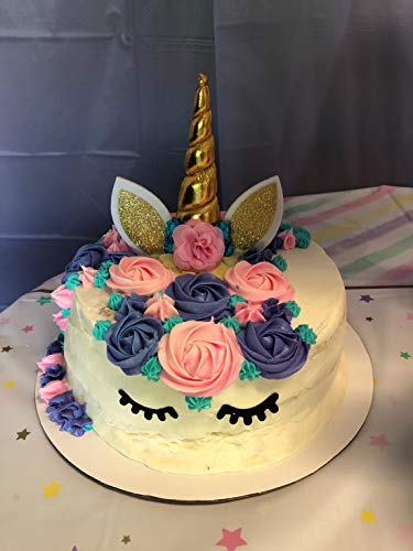 Unicorn Cake Topper with Eyelashes/Gold Unicorn Horn, Ears and Flowers for Birthday Wedding Baby Shower Party Cake Decoration