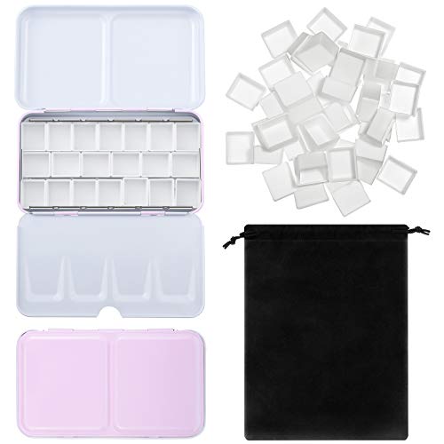 51 Pieces Watercolor Paint Palette and Half Pans Set Watercolor Tin Box Metal Palette Paint Case with Lid Empty Watercolor Pans with Black Storage Bag for Travel Painting Artist (Pink)