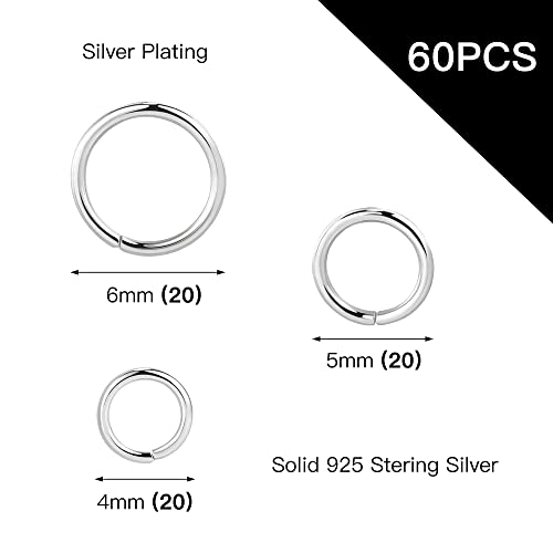 Sterling Silver Jump Rings for Jewelry Making 4mm 5mm 6mm 925 Sterling Silver Open Jump Rings for DIY（60 PCS）