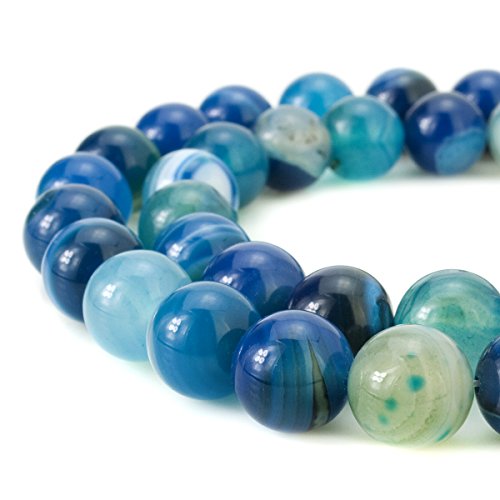 BEADNOVA 8mm Natural Blue Banded Agate Gemstone Round Loose Smooth Beads for Jewelry Making Approx 16 Inch 48~50 pcs Strand