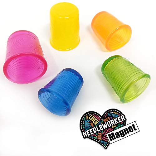 Flexible Rubber Thimble Set for Hand Sewing and Quilting, 5 Sizes 14-18, Assorted Colors. 5-pc. Bundle Plus 'Needleworker' Magnet