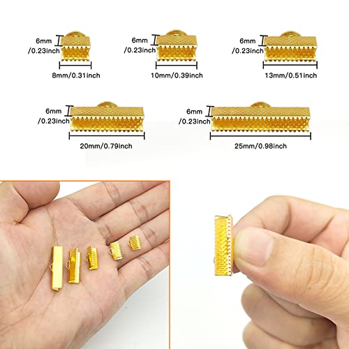 150pcs Pinch Crimp Ends for Jewelry Making,Ribbon Clamp End Bracelet Clamps Crimp Ends Leather Fastener Clasps for DIY Choker Anklets Crafts (Gold,5 Sizes)