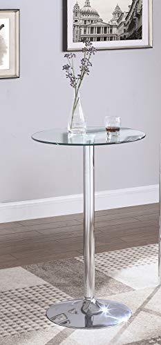 Coaster Home Furnishings Modern Game Room Round Pub Height Bar Table Tempered Glass Top Chrome Base, Clear, 24” W x 41” H x 24” L (120341)