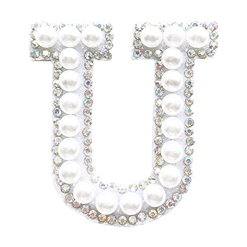 Fancy Coloured Sparkly Rhinestones and Elegant Pearls Iron On Patches for Clothing, English Letters A-Z Sew On Decorative Patches for Girls Women Bride Bridesmaid Nurse (U)