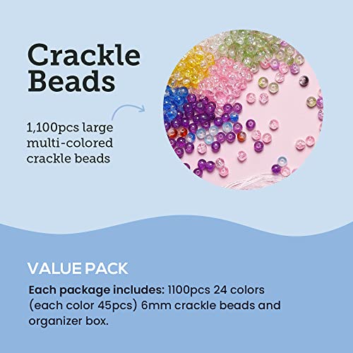 Incraftables Crackle Glass Beads 24 Colors 1100pcs 6mm Kit for Jewelry Making, Hair Accessories, Bracelets, & Crafts. Multicolor Lampwork Assorted Crafting Bead with Organizer Box for Kids & Adults