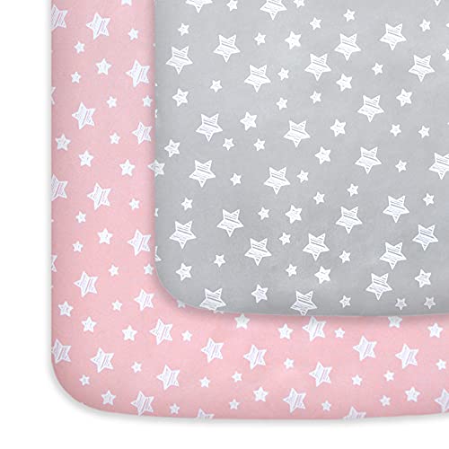 Mini Crib Sheets, 2 Pack Pack and Play Sheets, Stretchy Pack n Play Playard Fitted Sheet, Compatible with Graco Pack n Play, Soft and Breathable Material, Grey & Pink