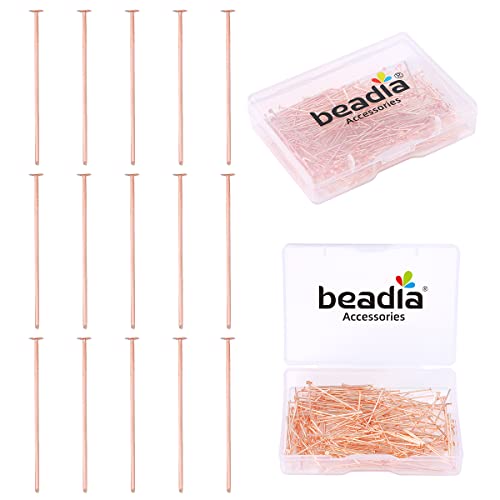 BEADIA Rose Gold Plated Flat Head Pins Non Tarnish 25mm 200pcs for Jewelry Making Findings