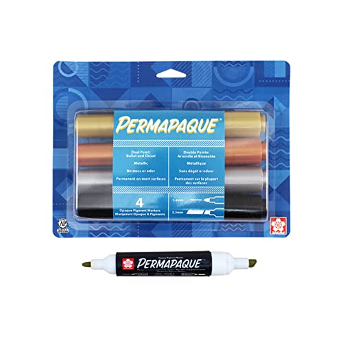 SAKURA Permapaque Paint Markers - Assorted Metallic Colors - 1.2 & 5.5 mm Dual Point Markers Pens - 4 Pack