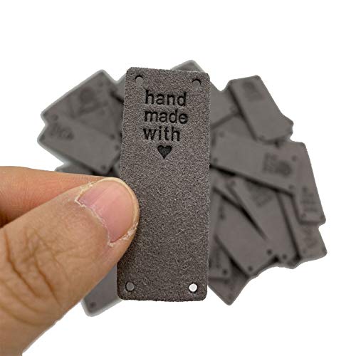 Wenplus 40 PCS Handmade Leather Labels PU Leather Label Hand Made Embossed Tag with Holes Embellishments DIY Accessories for Clothing Jeans Bags Shoes Hat - 4 Styles, Grey