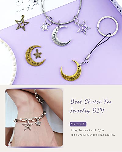 JIALEEY 44PCS Large Hollowed Moon Star Charms Mixed Celestial Charm Pendant for DIY Jewelry Making Accessaries, Antique Silver Bronze and Gold