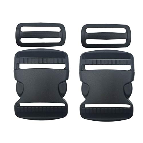 EesTeck 2 Set 2 Inch Flat Dual Adjustable Plastic Quick Side Release Plastic Buckles and Tri-glide Slides for Luggage Straps Pet Collar Backpack Repairing (Black, Fit For 2”/50mm Webbing Straps)