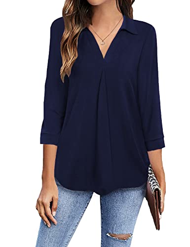 Newchoice Tunic Tops for Women to Wear with Leggings, V Neck 3/4 Sleeve Shirts Business Casual Formal Work Tops (Navy Blue, XL)