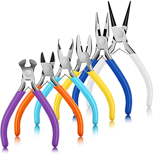 6 Pieces Jewelry Making Pliers Tools Set with Diagonal Nose Pliers, Needle Nose Pliers, Round Nose Pliers, Curved Nose Pliers, Long Nose Pliers, Flat Nose Pliers for DIY Jewelry Tools (Colorful)