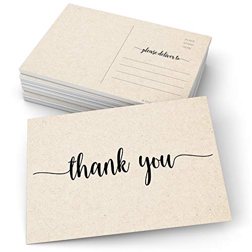 321Done Thank You Postcards (Set of 50) 4" x 6" - Blank with Mailing Side - Made in USA, Cute Modern Script Kraft Tan Thick Cardstock, Large