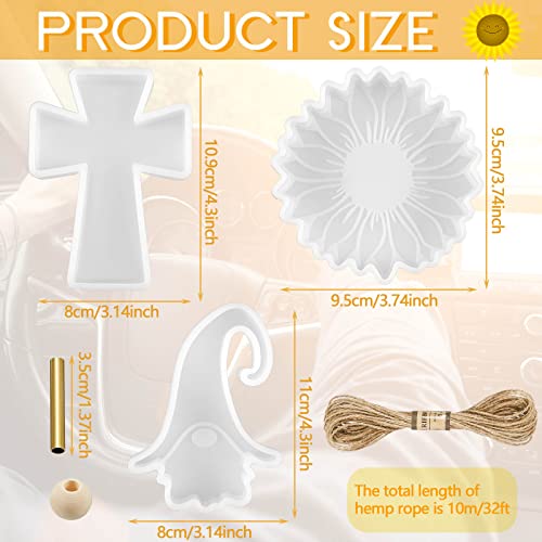 3 Pcs Car Freshie Molds Kit Sunflower Gnome Cross Shape Silicone Molds Car Freshies Supplies Car Pendant Resin Molds with Brass Tubes Wood Beads Jute Cord Twine for DIY Jewelry Crafts Making