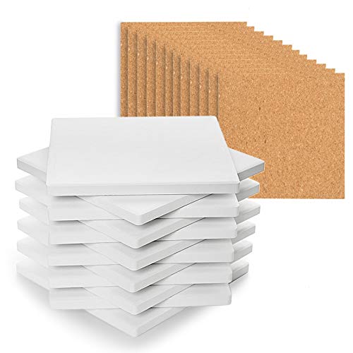 COYMOS Ceramic Tiles for Crafts Coasters, 12Pcs Blank Coasters Unglazed Ceramic White Tiles for Painting, Alcohol Ink, Acrylic Pouring - Make Your Own Coasters - Cork Backing Pads Included (4x4 inch)