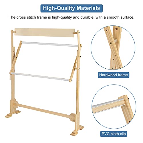 Adjustable Embroidery Stand, Wooden Frame Cross Stitch Floor Stand 360° Rotated Needlework Stand Holder Lap Table Craft Sewing Tool with Scroll Frame
