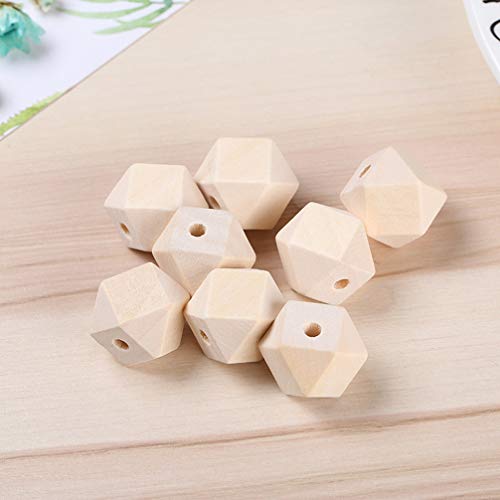 SUPVOX 100PCS Unpainted Faceted Geometric Wood Beads-14mm Natural Color Polygons Shape DIY Wooden Spacer Beads with Hole for Handmade Necklace