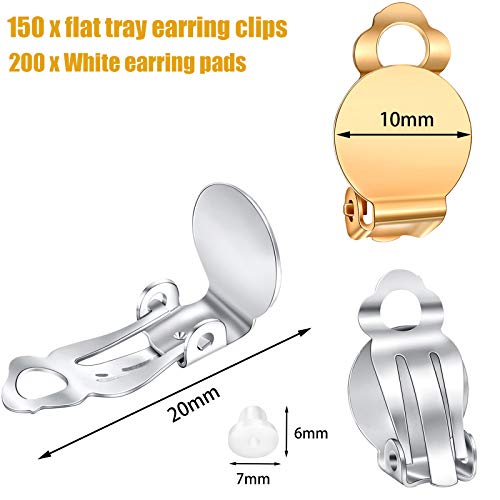 150 Pieces Round Flat Back Tray Earring Clips and 200 Pieces Earring Pads for Non Piercing DIY Earring Jewelry Making