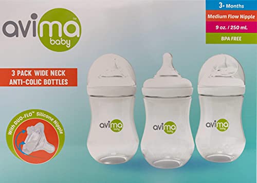 Avima 9 oz. Anti Colic Baby Bottles, BPA Free, Wide Neck with Medium Flow Nipples (Set of 3)