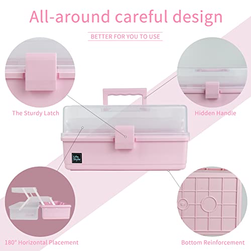 Creahaus 13 inch Art Craft Organizer Storage Box with 3 Layers, Multifunctional Plastic Tool Box with Handle for Sewing, Makeup, Medicine, Nail, Hair Accessories for Kids (Pink)