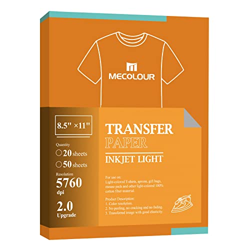 MECOLOUR Heat Transfer Paper Iron on Transfer Paper 8.5" x11" 50 Sheets Inkjet Printable HTV for T Shirts, White and Light Fabric