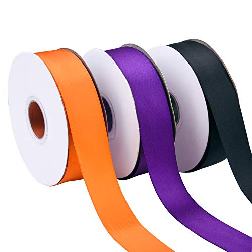 Livder 3 Rolls 1 Inch Double Face Satin Ribbon for Halloween Party Decoration, Gift Wrapping, Sewing, Bow Craft (Orange, Black, Purple)