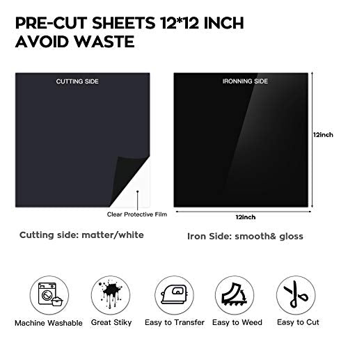 HTVRONT Black Heat Transfer Vinyl Bundle - 10 Sheets (12" x 12") Black HTV Vinyl, Iron on Vinyl for T-Shirt, Easy to Cut & Weed for Heat Vinyl Design (Black)