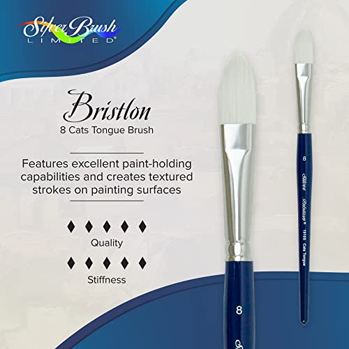 Silver Brush Limited 1910S8 Bristlon Cats Tongue Brush for Acrylic and Oil Paintings, Size 8, Short Handle