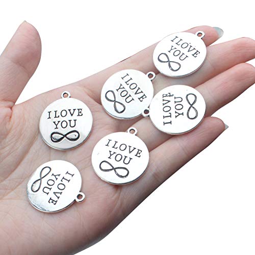 Words Charm Pendants, 30 Pieces Alloy Messages Saying Charms Lettering Pendant Beads Craft Supplies for DIY Necklace Bracelet Jewelry Making (I LOVE YOU Charms) - 24mm Diameter