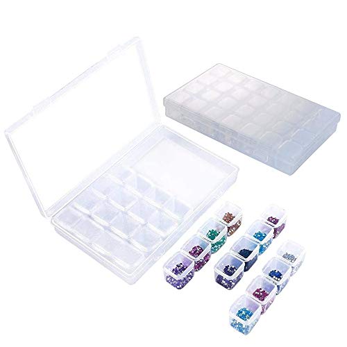 NAHAO Plastic Jewelry Organizer Container Storage Box Single Mini Plastic Storage Box 28 Grids for Beads, Jewelry, Tools, Pill and Fishing Lures (Clear Plastic - 2 Pack)