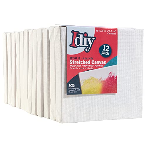 iDIY Stretched Canvas Board 4 x 4 (Set of 12) 5/8" - Classic White Blank, Pre Primed for Oils or Acrylics, 100% Cotton, Acid Free - Professional Grade for Painting or Art Project, Craft, Mixed Media