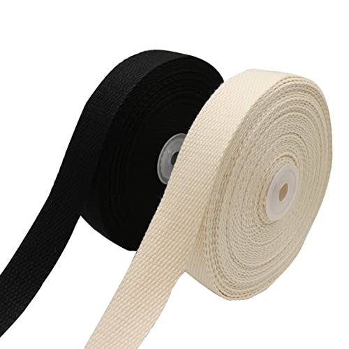 Rydowenna Heavy Cotton Webbing 1 Inch Wide 2 Rolls/ 20 Yards Straps for Webbing Bag Handles, Bag Strap,Tote Bag Webbing,Cloth Belt,Arts and Crafts (White,Black)