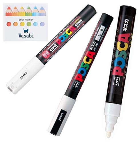 3 kinds of Uni Posca 【WHITE】 Paint Marker Pen Extra Fine 0.7mm/Fine Point 0.9-1.3mm/Medium Point 1.8-2.5mm & Our Shop Sticky note/VALUE SET!!!