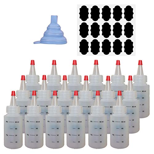 Holotap 18 Pack 2 OZ Empty Plastic Squeeze Bottles with Red Tip Caps Plastic Squirt Bottle for Arts & Crafts, Glue, Multi Purpose with 15 Chalk Labels and 1 Funnel (2 OZ)