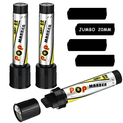 3 Pieces Acrylic Paint Marker Pens 20 mm Jumbo Black Paint Pen Water Based Art Markers Broad Chisel Graffiti Markers Pens Permanent Black Tagging Markers for Stone Ceramic Glass Wood Rock Painting