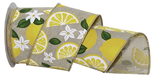 Morex Ribbon Wired Taffeta Lemons & Blooms Ribbon, 2.5 inch by 10 Yards, Natural, 7564.60/10-004