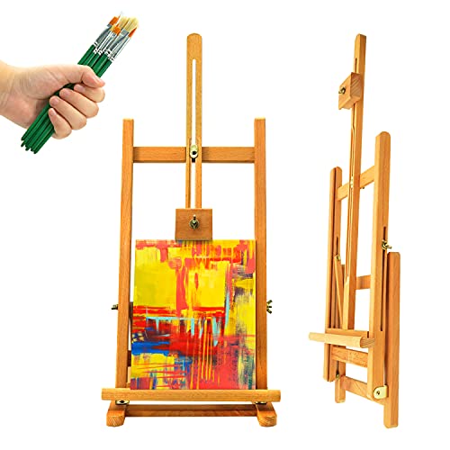 AUREUO H-Frame Studio Tabletop Easel - Holds Up to 24 Inches - Adjustable Beechwood Desk Painting Easel with 8x10 Inch Stretched Canvas & 10 Brushes - Portable Wooden Art Easel Stand for Display