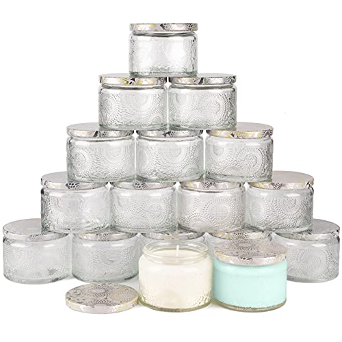 Art Secret Embossed Glass Candle Container with Tin Lid and Labels, 4 oz - Pack of 18