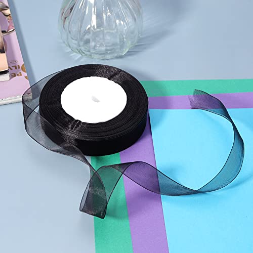 Hiswan 3/4 inch Sheer Organza Ribbon 50 Yards Black Chiffon Ribbon for Gift Wrapping Wedding Bouquet Crafts