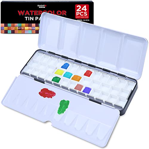 Empty Watercolor Palette with Lid by Dugato, 24+13 Half Pans with Fold-Out Palette, Large Mixing Area, Metal Tin Box for Watercolor Acrylic Oil DIY Travel Art Supplies (Medium)