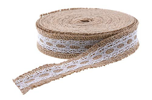 Mandala Crafts Burlap and Lace Ribbon for Wreath - Unwired Rustic Natural Jute Burlap Lace Ribbon 1 Inch Wide 20 Yards Roll for Wedding Fall Holiday Tree