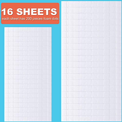 16 Sheets Foam Dots Adhesive Foam Square Mount Dual-Adhesive 3D Foam Tapes 2 Sizes Foam Pop Dots for Craft DIY Office Supplies, 0.24 Inch and 0.4 Inch, 3200 Pieces in Total