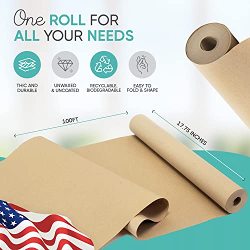 Brown Kraft Paper Jumbo Roll 17.75” x 1200” (100ft) Made in USA- Ideal for Gift Wrapping, Packing Paper for Moving, Art Craft, Shipping, Floor Covering, Wall Art, Table Runner, 100% Recycled Material
